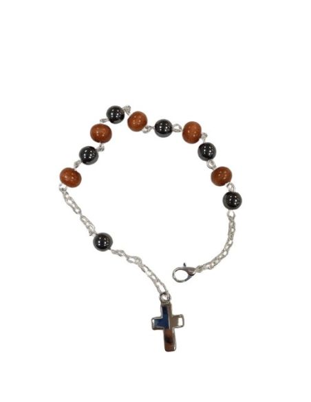 Pulsera Redonda Hematites 5Mm Madera Con Cruz