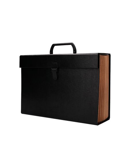 Maletin Liderpapel Con Fuelle Y Asa Carton Forrado 19 Departamentos 255X390X120 Mm Color Negro