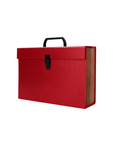 Maletin Liderpapel Con Fuelle Y Asa Carton Forrado 19 Departamentos 255X390X120 Mm Color Rojo