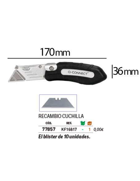 Cuter Q-Connect Metalico Ancho Plegable Con Mango Antideslizante Cuchilla 19 Mm Xd-925 Conclip Blister 1 Unidad