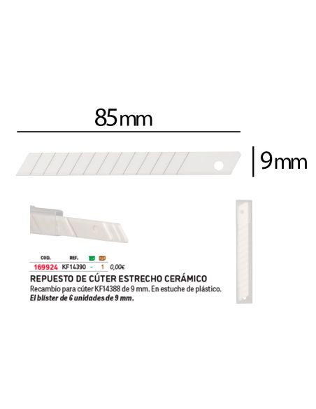 Repuesto Cuter Q-Connect Metalico Estrecho Para Modelo Kf14388 Cuchilla Ceramica 9 Mm Blister 6 Unidades