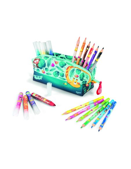 Bolso Escolar Portatodo Maped Ungle Fever Con 12 Rotuladores Colores Surtidos + 12 Lapices De Colores