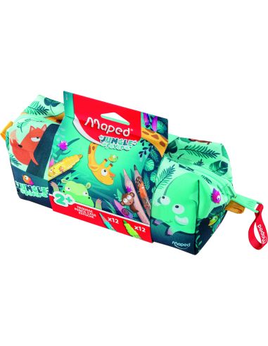 Bolso Escolar Portatodo Maped Ungle Fever Con 12 Rotuladores Colores Surtidos + 12 Lapices De Colores