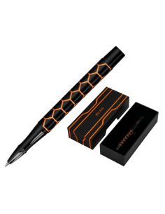Boligrafo Belius Legacy Aluminio Diseño Hexagono Naranja Cuerpo Negro Tinta Color Azul Caja De Diseño
