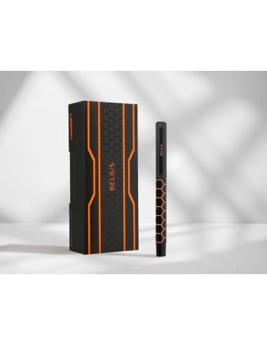 Boligrafo Belius Legacy Aluminio Diseño Hexagono Naranja Cuerpo Negro Tinta Color Azul Caja De Diseño