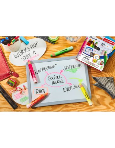 Lapiz Marcador Stabilo Markdry Neon Para Pizarra Blanca Caja De 4 Unidades Colores Surtidos + Sacapuntas