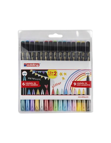 Rotulador Edding Punta Fibra 1200 Pack De 13 Unidades + 2 Unidades Gratis Colores Metalicos/Glitter