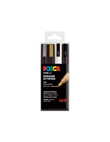 Rotulador Uni Posca Pc-3M/4C Marcador De Pintura Punta Conica 0,9-1,3 Mm Gswb Estuche De 4 Unidades