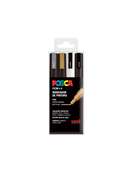 Rotulador Uni Posca Pc-3M/4C Marcador De Pintura Punta Conica 0,9-1,3 Mm Gswb Estuche De 4 Unidades