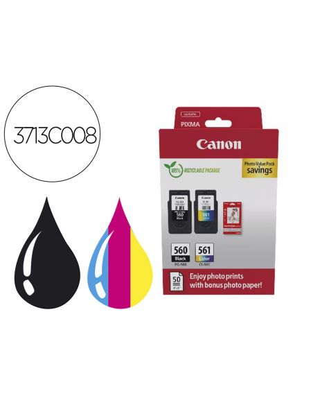 Ink-Jet Canon Photo Value Pack Pg-560 + Cl561 + 50 Hojas Papel Foto Glossy 10X15 Cm