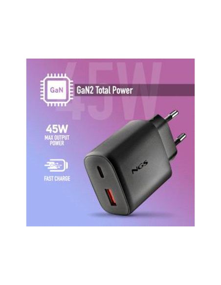 Cargador Ngs De Pared Gan Ultrarapido Para Portatil 45W Con 2 Puertos: Usb-C A Usb-A