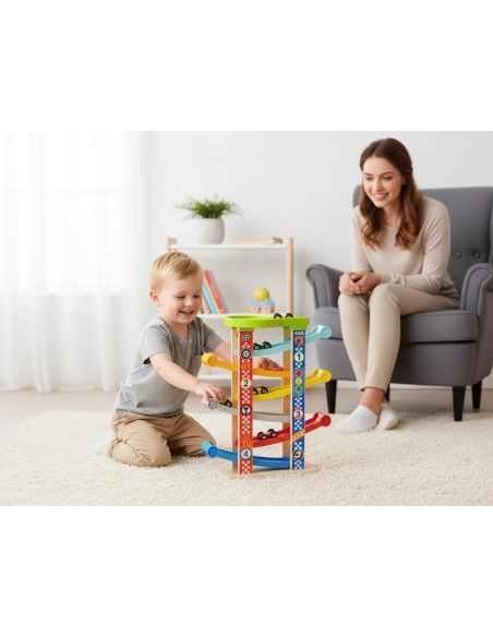 Juego Infantil Imaginovo Madera Torre De Deslizamiento Con 7 Niveles Incluye 6 Coches +18 Meses 38X32X14Cm