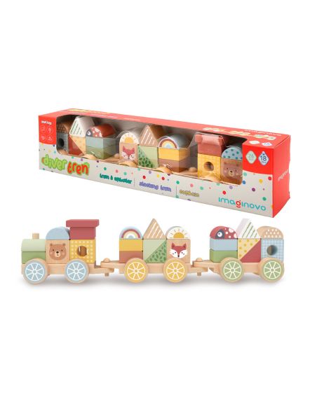 Juego Infantil Imaginovo Madera Tren Figuras Apilables Con Ruedas +18 Meses 38X9,5X7,5Cm