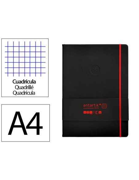 Cuaderno Con Gomilla Antartik Notes Tapa Dura A4 Hojas Cuadricula Negro Y Rojo 100 Hojas 80 Gr Fsc