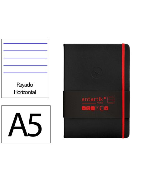 Cuaderno Con Gomilla Antartik Notes Tapa Dura A5 Hojas Rayas Negro Y Rojo 100 Hojas 80 Gr Fsc