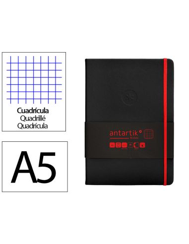 Cuaderno Con Gomilla Antartik Notes Tapa Dura A5 Hojas Cuadricula Negro Y Rojo 100 Hojas 80 Gr Fsc