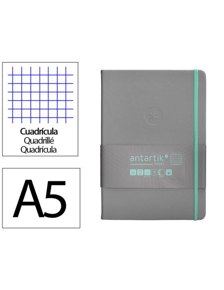 Cuaderno Con Gomilla Antartik Notes Tapa Dura A5 Hojas Cuadricula Gris Y Turquesa 100 Hojas 80 Gr Fsc