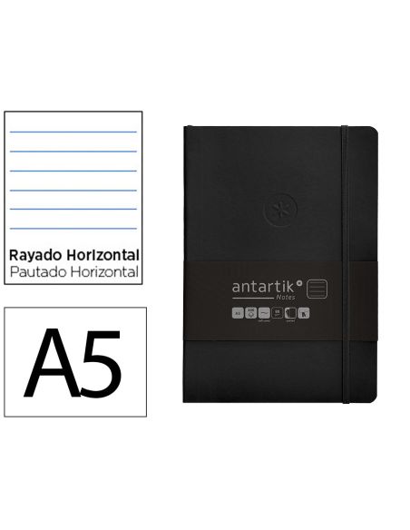 Cuaderno Con Gomilla Antartik Notes Tapa Blanda A5 Hojas Rayas Negro 80 Hojas 80 Gr Fsc