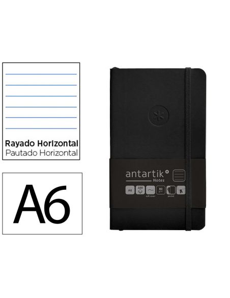 Cuaderno Con Gomilla Antartik Notes Tapa Blanda A6 Rayas Negro 100 Hojas 80 Gr Fsc